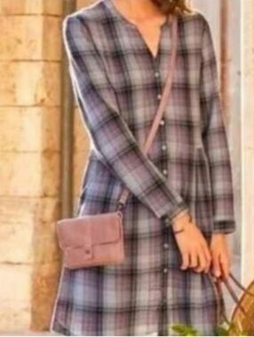 NWT Garnett Hill V-Neck Gauze Shirtdress Size 12 Plaid Pockets Organic Cotton